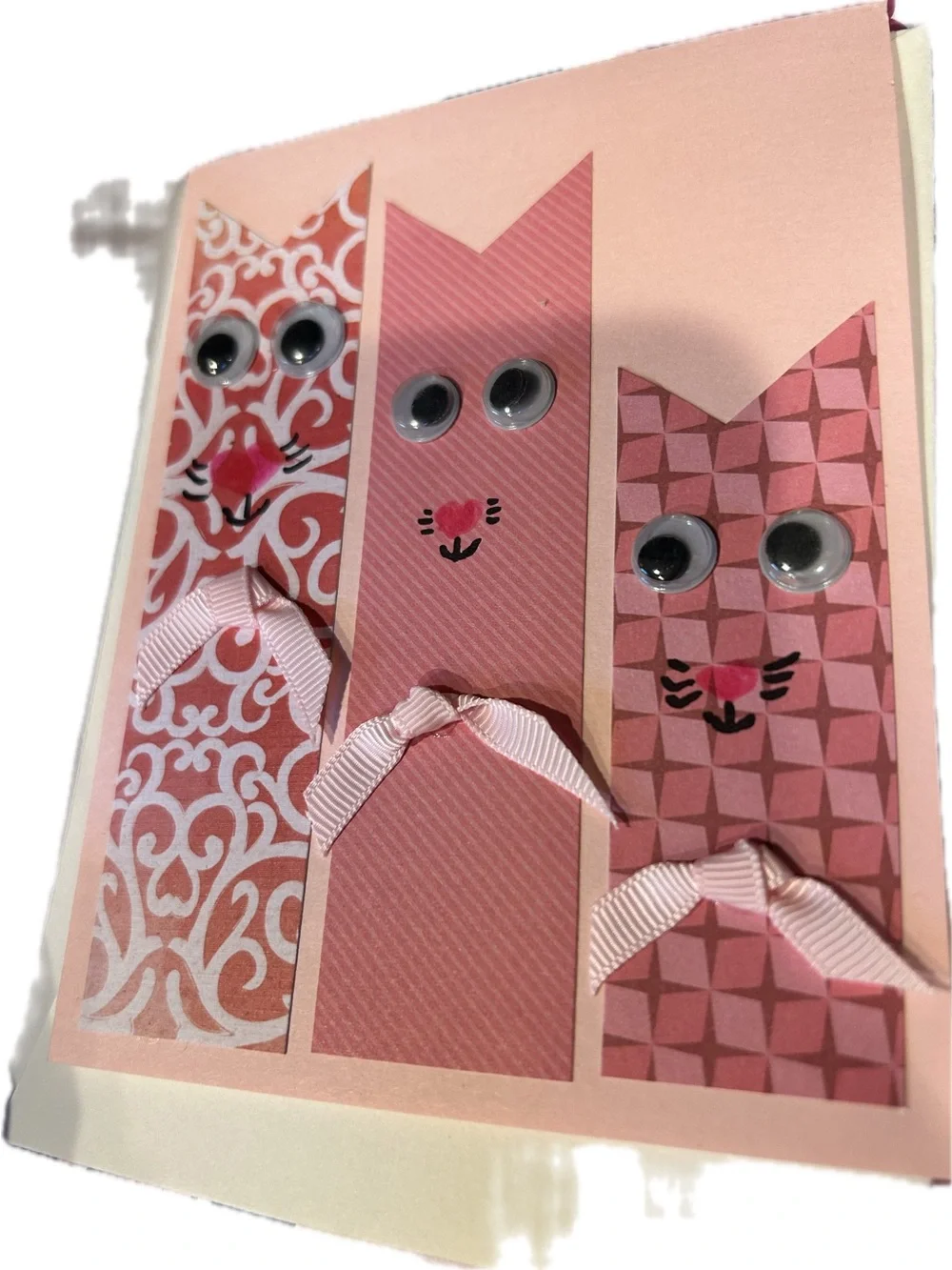 Handmade Whimsical Pink Cat Card & Envelope stationary kitty cat w buttons gems